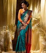 Blue Banarasi Satin silk Saree With Stone Work with blouse piece