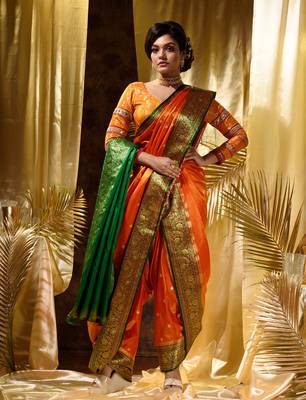 HOUSE OF BEGUMs Women's Orange Banarasi Satin Silk Saree With Stone Work with blouse piece 1