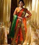 HOUSE OF BEGUMs Women's Orange Banarasi Satin Silk Saree With Stone Work with blouse piece