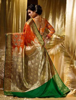 HOUSE OF BEGUMs Women's Orange Banarasi Satin Silk Saree With Stone Work with blouse piece 2