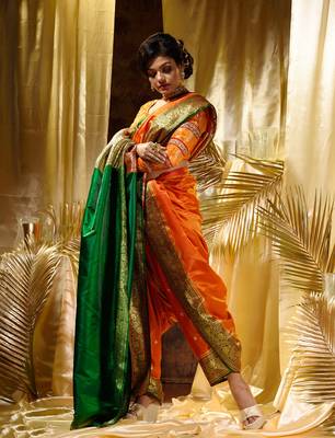 HOUSE OF BEGUMs Women's Orange Banarasi Satin Silk Saree With Stone Work with blouse piece 3