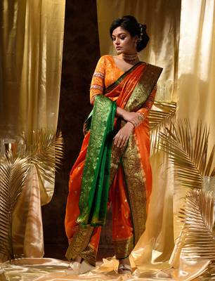 HOUSE OF BEGUMs Women's Orange Banarasi Satin Silk Saree With Stone Work with blouse piece 4