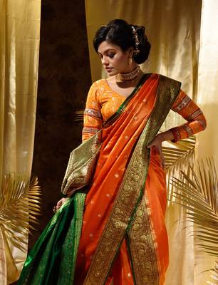HOUSE OF BEGUMs Women's Orange Banarasi Satin Silk Saree With Stone Work with blouse piece 5