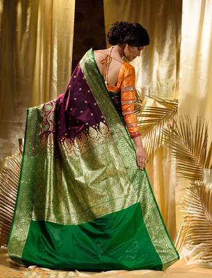 HOUSE OF BEGUMs Women's Purple Banarasi Satin Silk Saree With Stone Work with blouse piece 2
