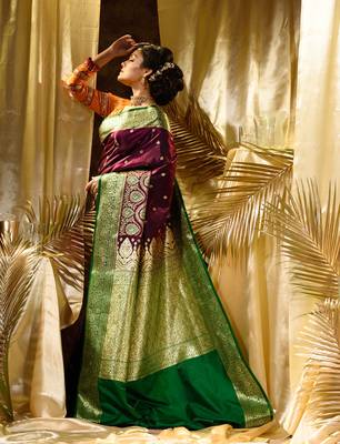 HOUSE OF BEGUMs Women's Purple Banarasi Satin Silk Saree With Stone Work with blouse piece 3