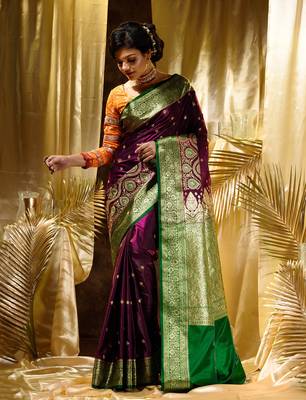 HOUSE OF BEGUMs Women's Purple Banarasi Satin Silk Saree With Stone Work with blouse piece 4