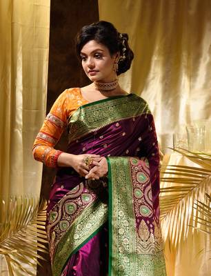 HOUSE OF BEGUMs Women's Purple Banarasi Satin Silk Saree With Stone Work with blouse piece 5