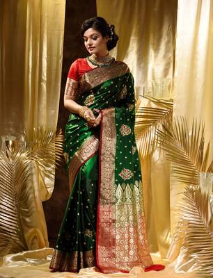 HOUSE OF BEGUMs Women's Green Banarasi Satin Silk Saree With Stone Work with blouse piece 4