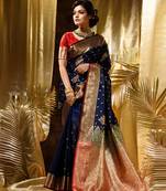 HOUSE OF BEGUMs Women's Navy Blue Banarasi Satin Silk Saree With Stone Work with blouse piece