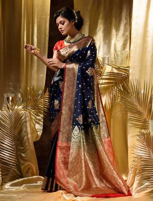 HOUSE OF BEGUMs Women's Navy Blue Banarasi Satin Silk Saree With Stone Work with blouse piece 3