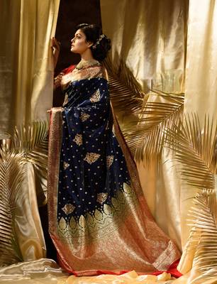 HOUSE OF BEGUMs Women's Navy Blue Banarasi Satin Silk Saree With Stone Work with blouse piece 4
