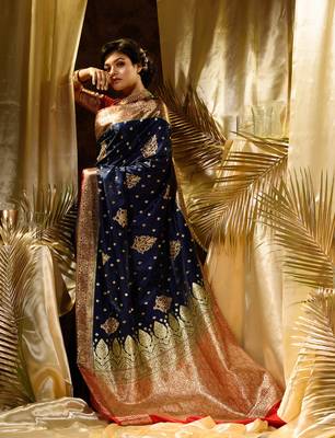 HOUSE OF BEGUMs Women's Navy Blue Banarasi Satin Silk Saree With Stone Work with blouse piece 5