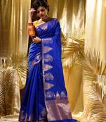 HOUSE OF BEGUMs Women's Handloom Blue Thanjavur Silk Saree with blouse piece