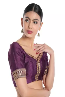 Wine Velvet Printed Sweet Heart Neck Readymade Blouse