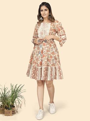 Vbuyz Women'S Print & Lace Work Flared Cotton Cream Stitched Dress 1