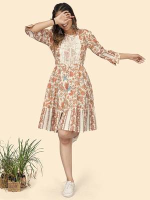 Vbuyz Women'S Print & Lace Work Flared Cotton Cream Stitched Dress 2