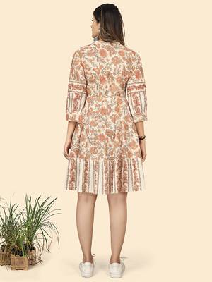 Vbuyz Women'S Print & Lace Work Flared Cotton Cream Stitched Dress 3