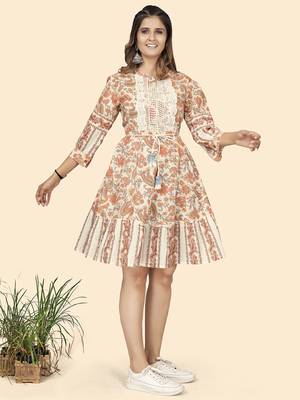 Vbuyz Women'S Print & Lace Work Flared Cotton Cream Stitched Dress 5