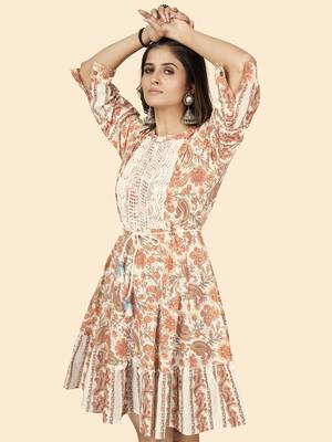Vbuyz Women'S Print & Lace Work Flared Cotton Cream Stitched Dress 6