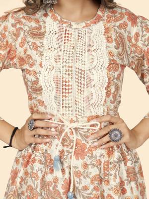 Vbuyz Women'S Print & Lace Work Flared Cotton Cream Stitched Dress 7