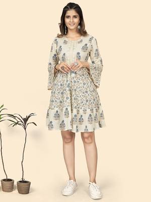 Vbuyz Women'S Print & Lace Work Flared Cotton White Stitched Dress 1
