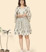 Vbuyz Women'S Print & Lace Work Flared Cotton White Stitched Dress
