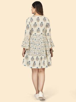 Vbuyz Women'S Print & Lace Work Flared Cotton White Stitched Dress 3