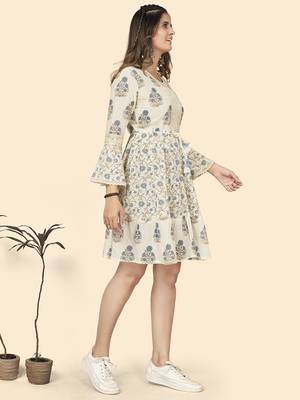 Vbuyz Women'S Print & Lace Work Flared Cotton White Stitched Dress 5