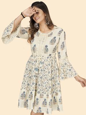 Vbuyz Women'S Print & Lace Work Flared Cotton White Stitched Dress 6