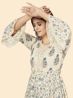 Vbuyz Women'S Print & Lace Work Flared Cotton White Stitched Dress 7