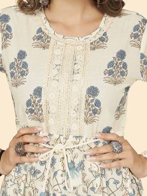 Vbuyz Women'S Print & Lace Work Flared Cotton White Stitched Dress 8