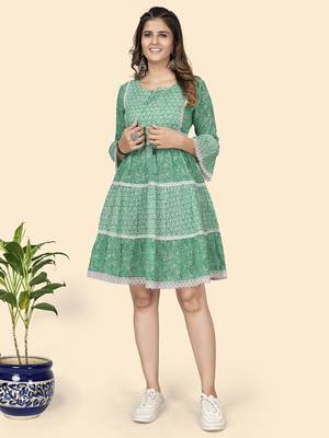 Vbuyz Women'S Print & Lace Work Flared Cotton Turquoise Stitched Dress 1