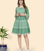 Vbuyz Women'S Print & Lace Work Flared Cotton Turquoise Stitched Dress