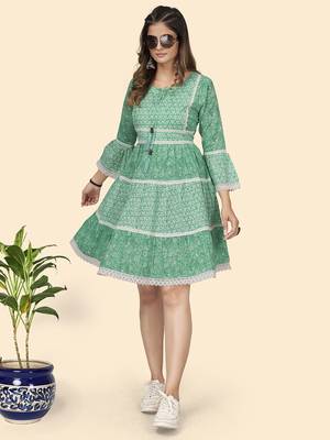 Vbuyz Women'S Print & Lace Work Flared Cotton Turquoise Stitched Dress 2