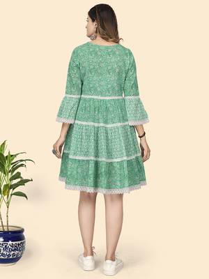 Vbuyz Women'S Print & Lace Work Flared Cotton Turquoise Stitched Dress 3
