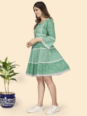 Vbuyz Women'S Print & Lace Work Flared Cotton Turquoise Stitched Dress 4