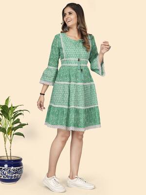 Vbuyz Women'S Print & Lace Work Flared Cotton Turquoise Stitched Dress 5