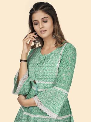 Vbuyz Women'S Print & Lace Work Flared Cotton Turquoise Stitched Dress 6