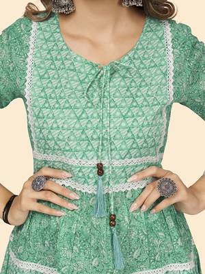 Vbuyz Women'S Print & Lace Work Flared Cotton Turquoise Stitched Dress 7