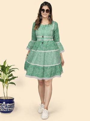 Vbuyz Women'S Print & Lace Work Flared Cotton Turquoise Stitched Dress 8