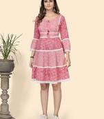 Vbuyz Women'S Print & Lace Work Flared Cotton Pink Stitched Dress