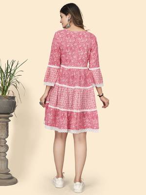 Vbuyz Women'S Print & Lace Work Flared Cotton Pink Stitched Dress 3