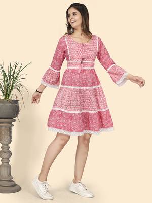 Vbuyz Women'S Print & Lace Work Flared Cotton Pink Stitched Dress 5