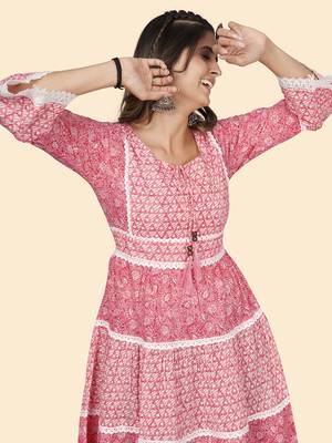 Vbuyz Women'S Print & Lace Work Flared Cotton Pink Stitched Dress 6