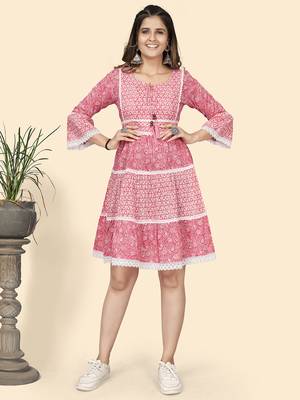 Vbuyz Women'S Print & Lace Work Flared Cotton Pink Stitched Dress 8