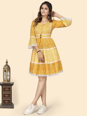 Vbuyz Women'S Print & Lace Work Flared Cotton Yellow Stitched Dress 2