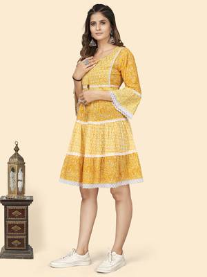 Vbuyz Women'S Print & Lace Work Flared Cotton Yellow Stitched Dress 4