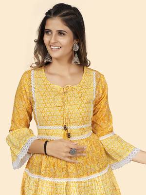 Vbuyz Women'S Print & Lace Work Flared Cotton Yellow Stitched Dress 6