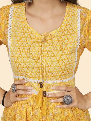 Vbuyz Women'S Print & Lace Work Flared Cotton Yellow Stitched Dress 7