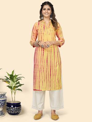 Vbuyz Women'S Tie & Dye Print & Gota Work Straight Cotton Yellow Stitched Kurta 1
